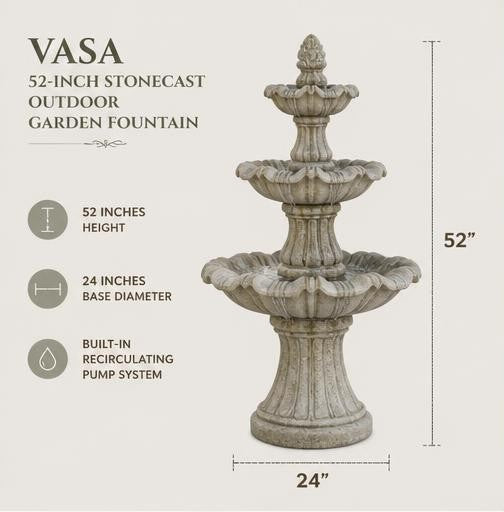 Vasa 52" Tiered StoneCast Outdoor Garden Fountain – Limestone