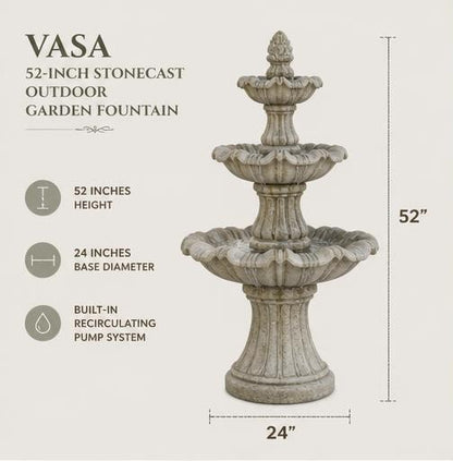 Vasa 52" Tiered StoneCast Outdoor Garden Fountain – Limestone